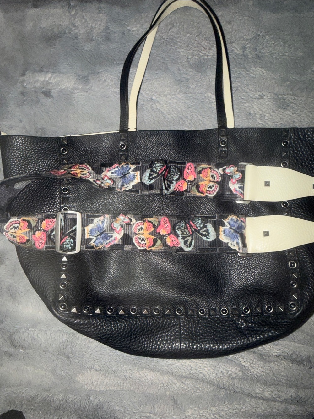 Preloved Valentino Garavani Black Leather Tote with Embroidered Floral Strap.